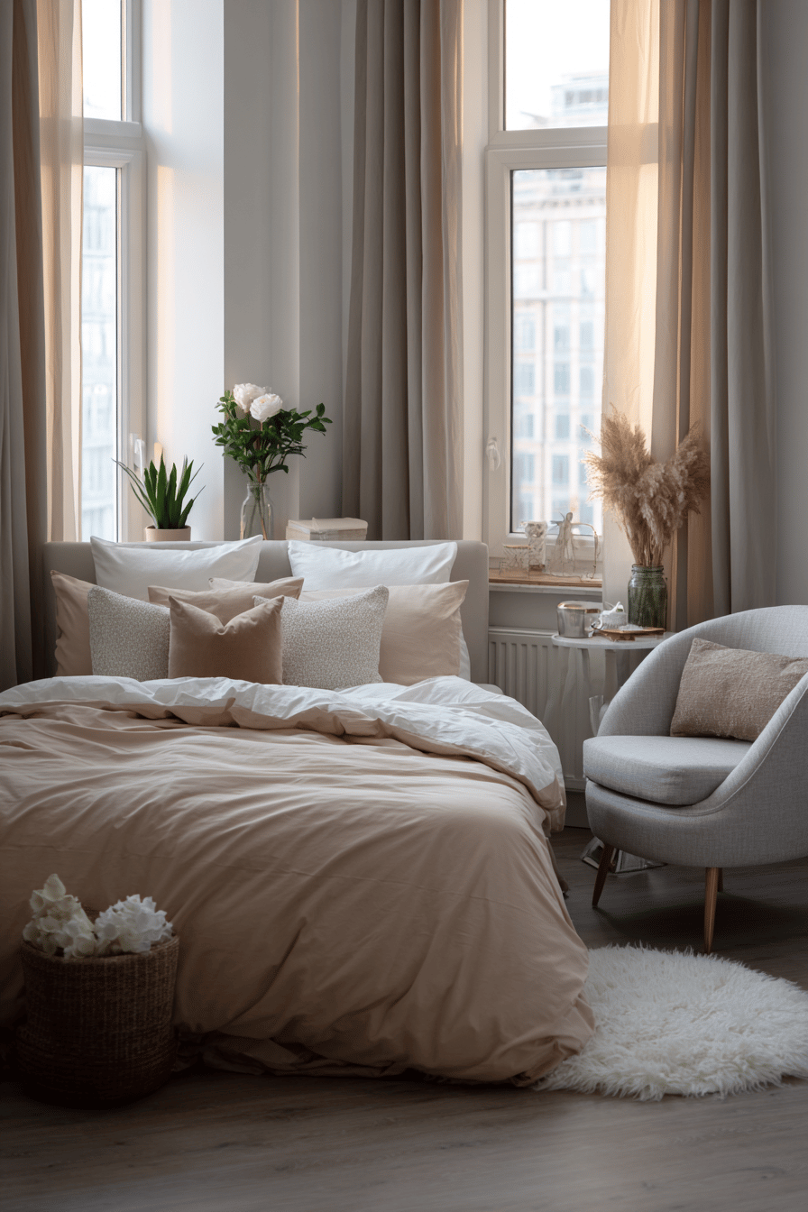 Gemütliches Schlafzimmer mit Kissen, heller Bettwäsche und dezentem Tageslicht