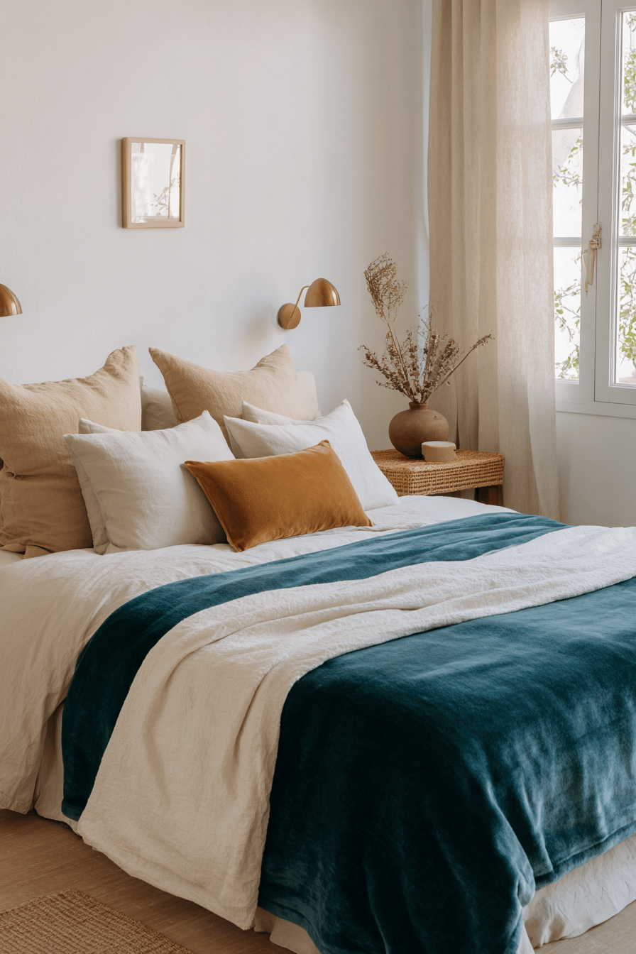 Schlafzimmer mit petrolfarbener Decke und beigefarbener Deko