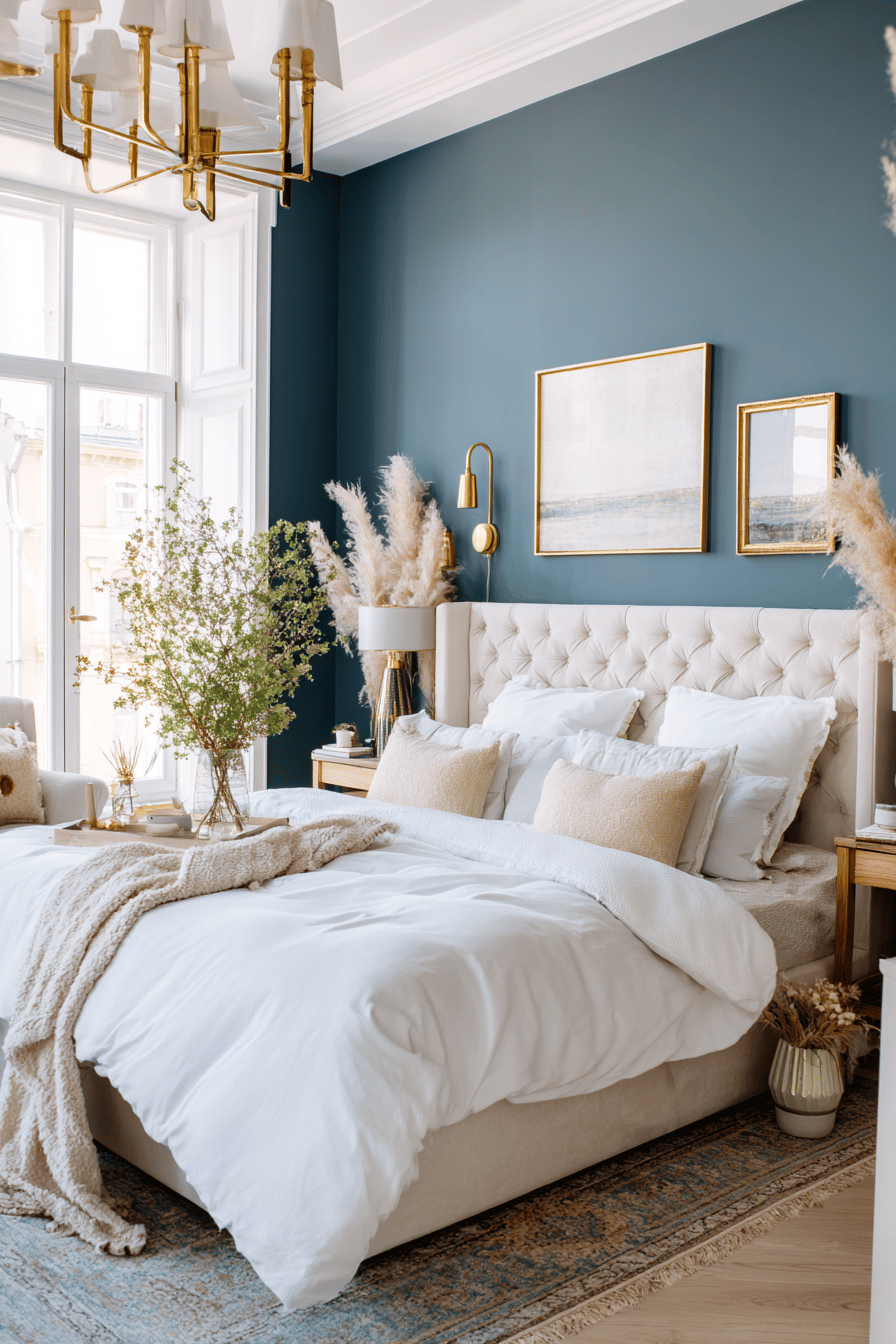 Stilvolles Schlafzimmer in Petrol mit goldenen Akzenten und beigem Bett