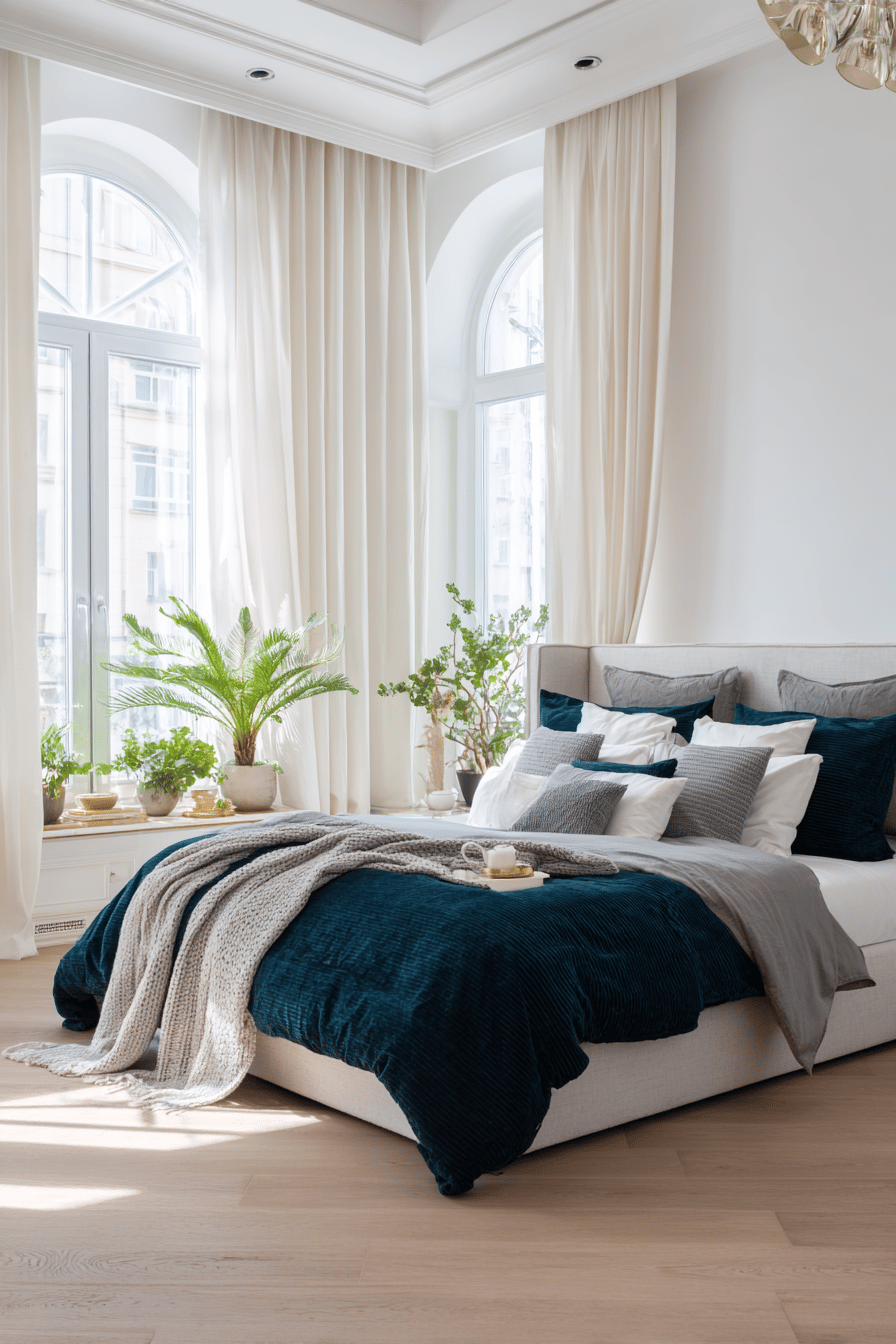 Modernes Schlafzimmer mit petrolfarbener Bettdecke, grauen Kissen und hellen Vorhängen