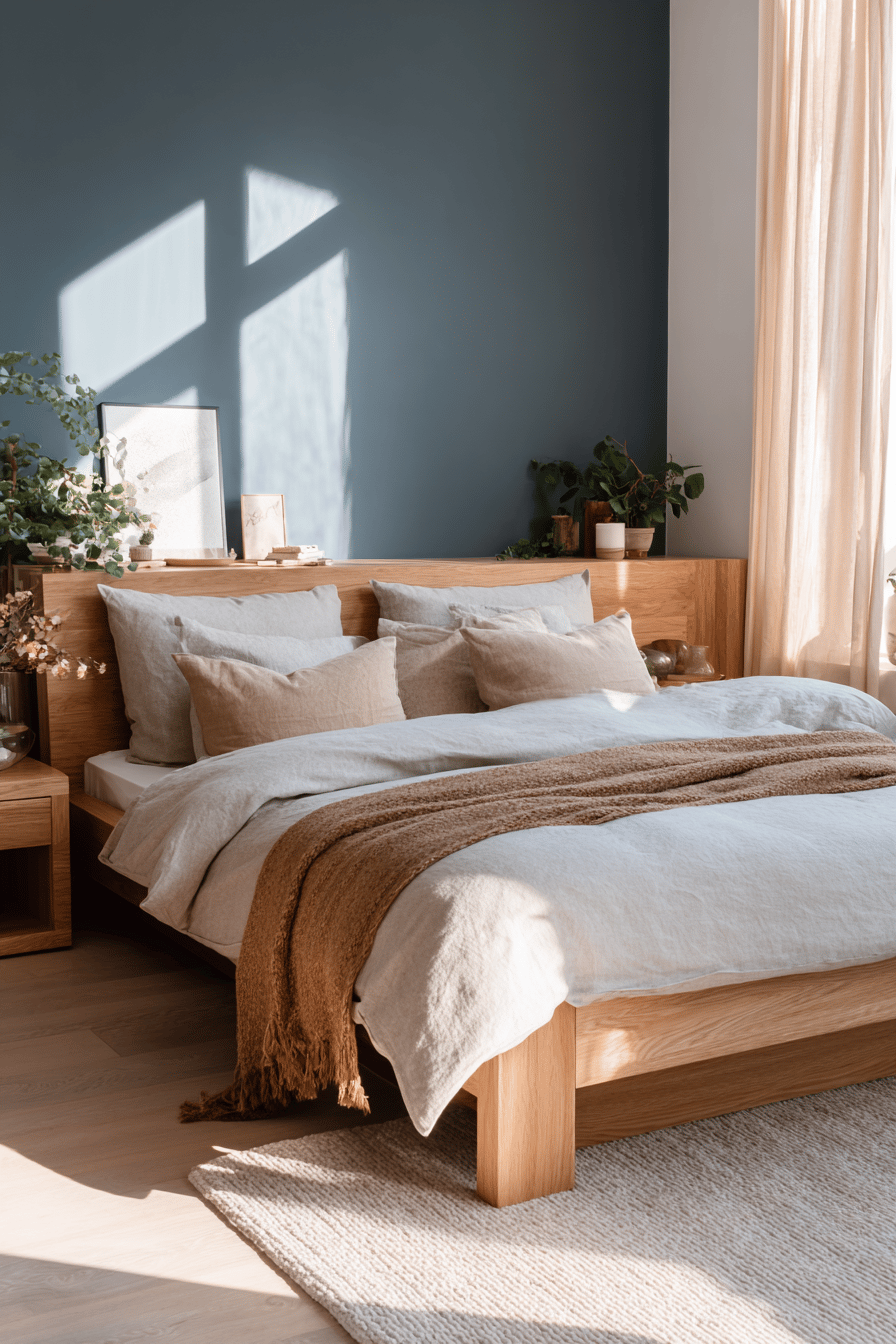 Schlafzimmer mit petrolfarbener Wand und hellem Holzbett