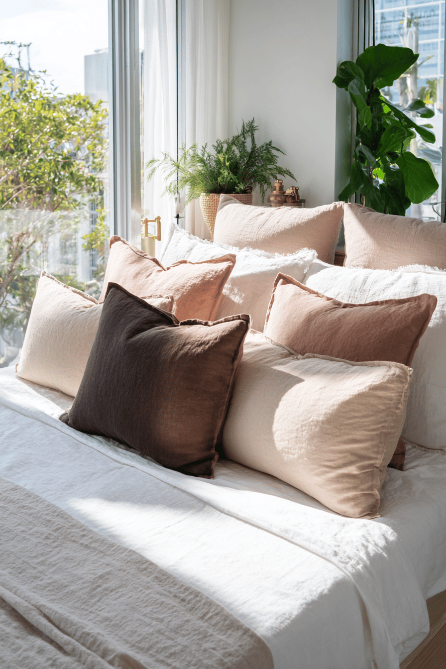 Mehrere große Kissen in verschiedenen Naturtönen auf einem gemütlichen Bett mit Tageslicht