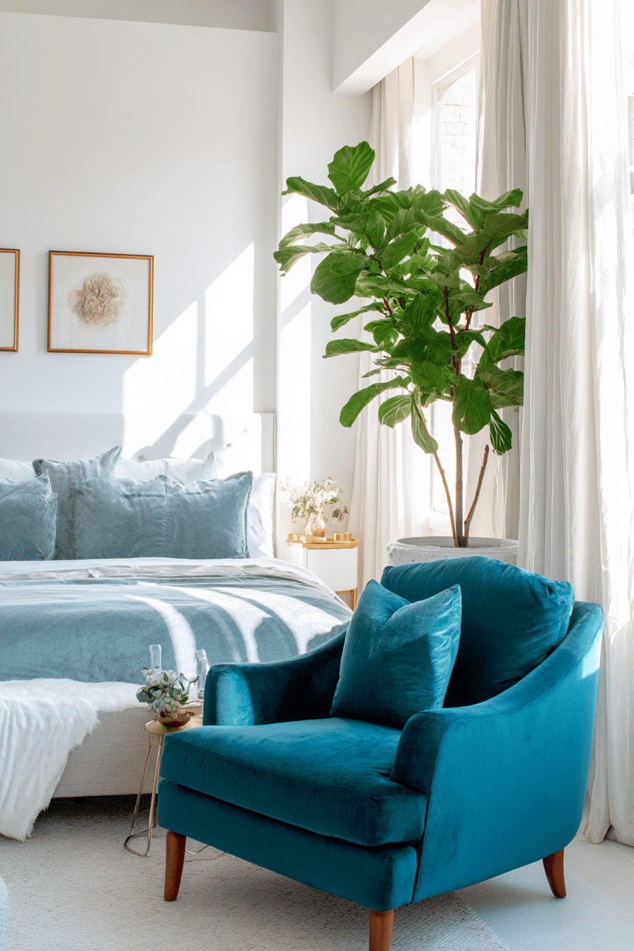 Hell eingerichtetes Schlafzimmer mit samtigem Sessel in Petrol vor Fenster