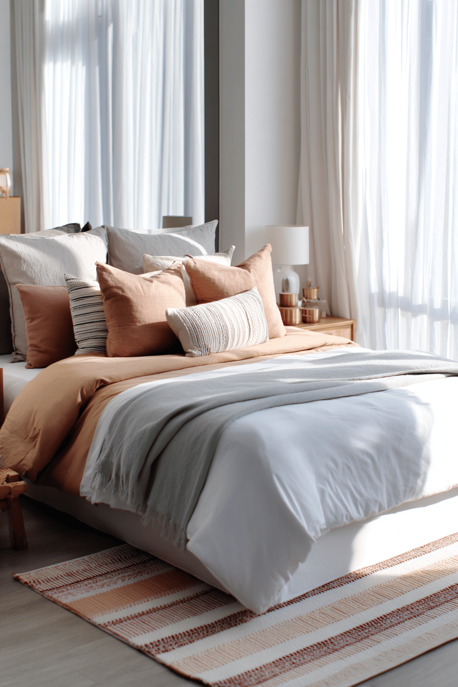 Schlafzimmer mit warmen Textilien und Teppich in natürlichem Design