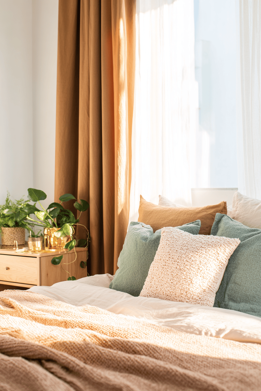 Gemütliches Schlafzimmer mit petrolfarbenen Kissen und warmen Vorhängen im Sonnenlicht