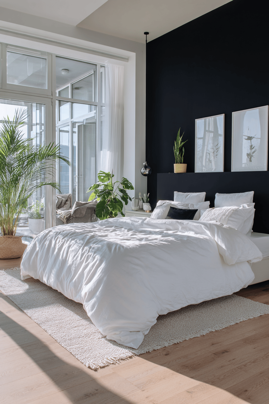 Modernes Schlafzimmer mit schwarzer Akzentwand, weißen Möbeln und Pflanzen