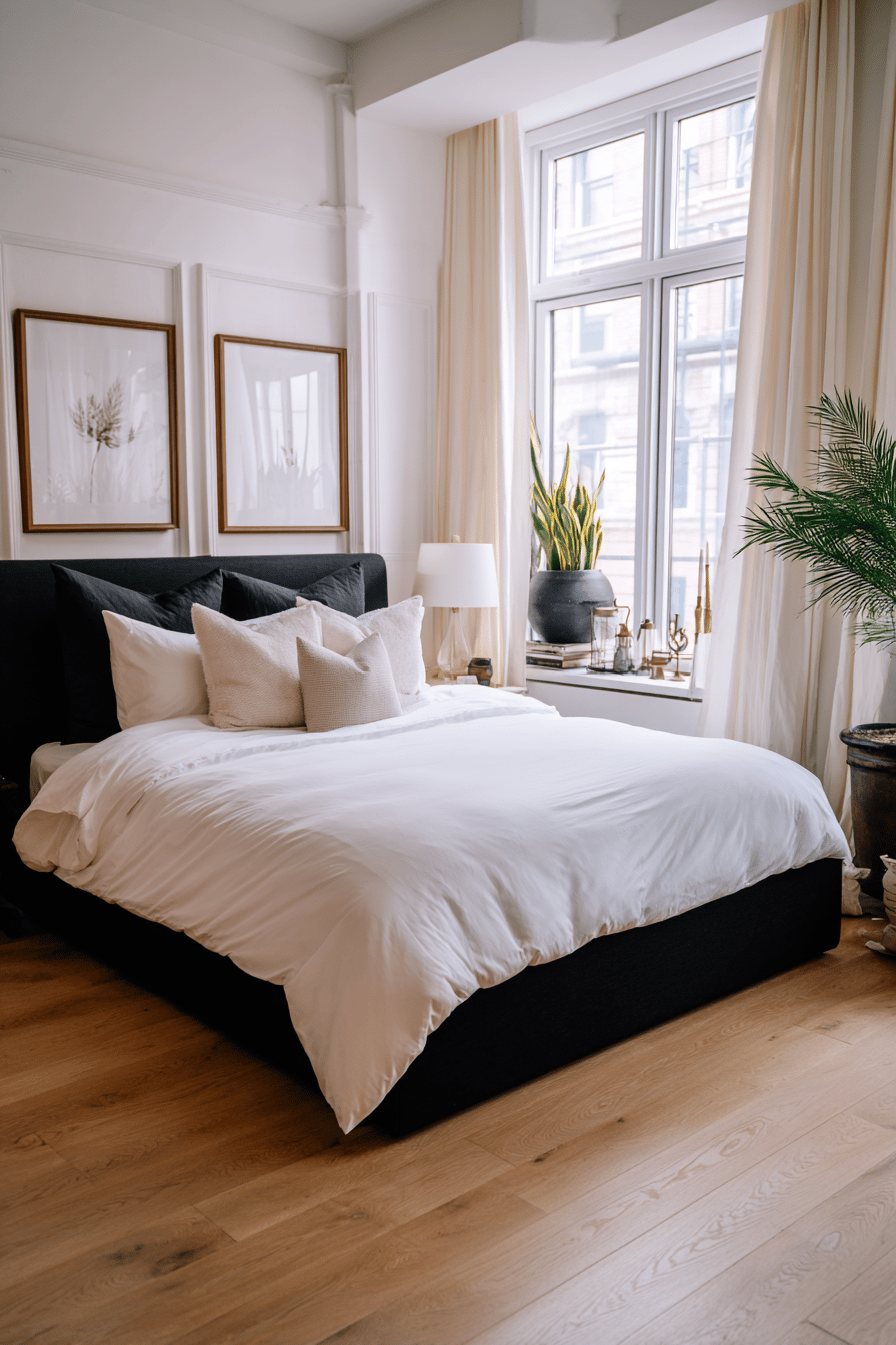 Schwarz-weiß eingerichtetes Schlafzimmer mit modernem Bett und Deko