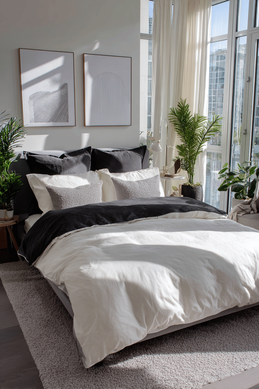 Modernes Schlafzimmer mit schwarz-weißer Bettwäsche und großem Fenster