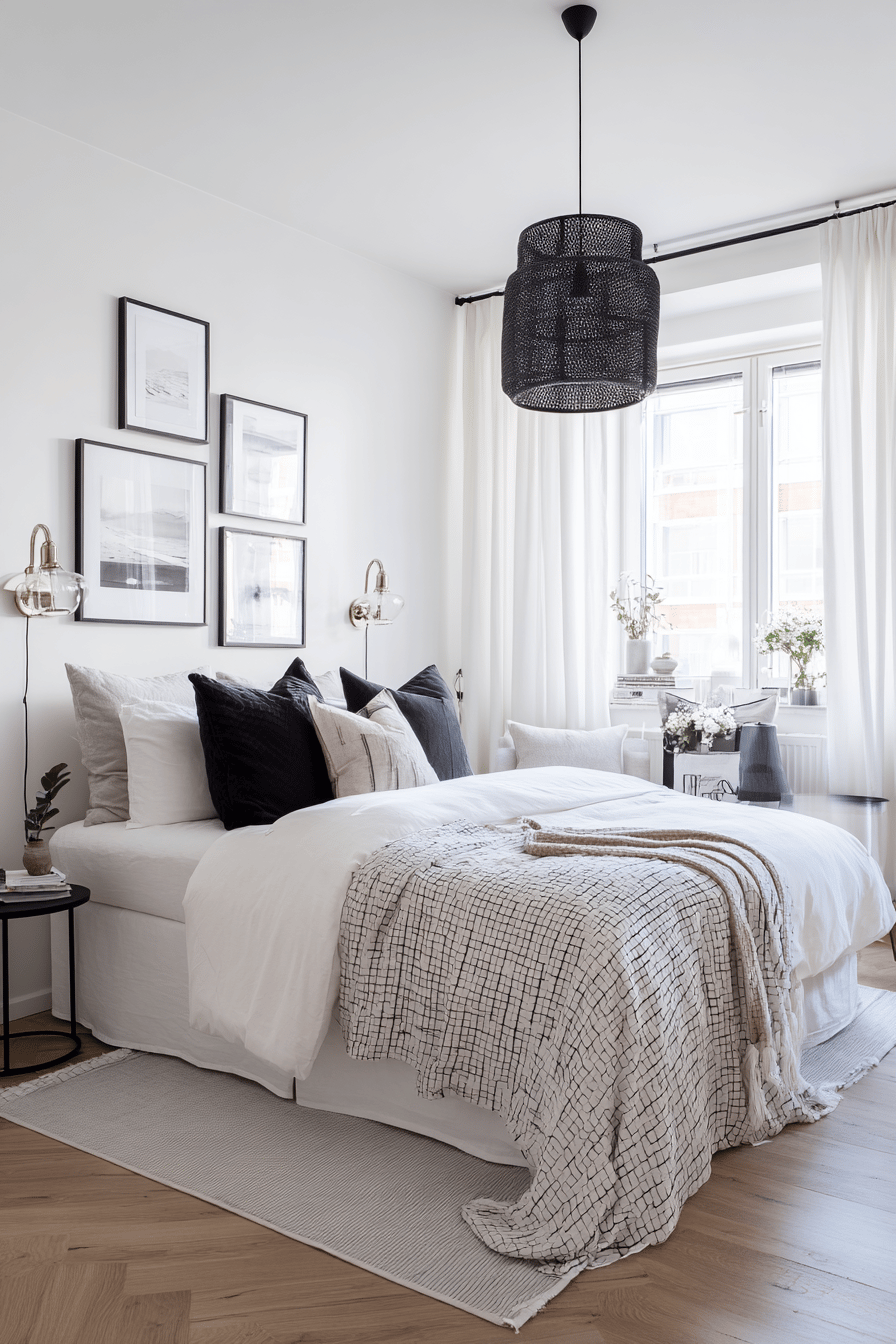 Schlafzimmer in Schwarz-Weiß mit schwarzer Hängelampe als Blickfang