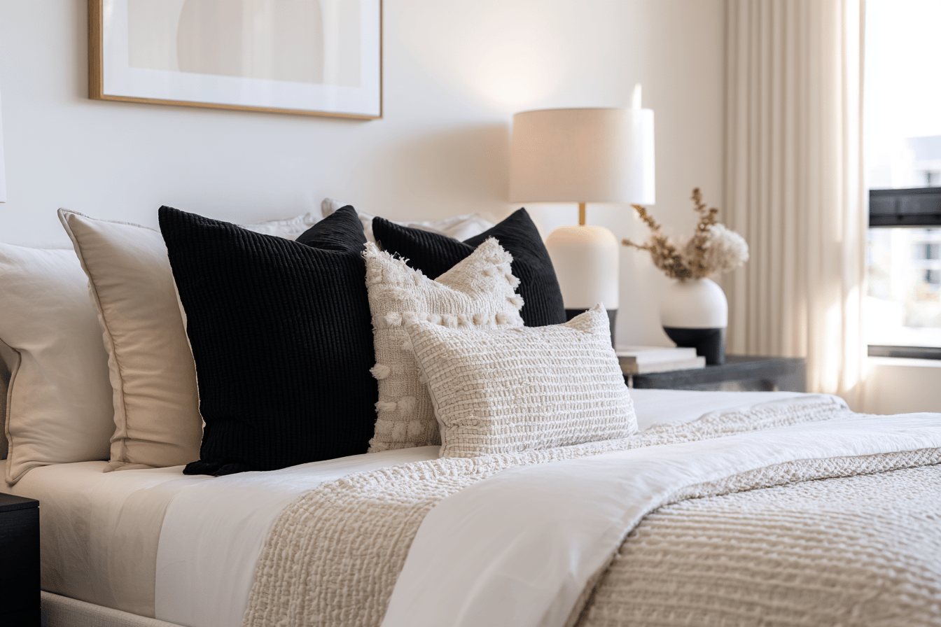 Schwarz Weiß Schlafzimmer mit Dekokissen und heller Bettwäsche