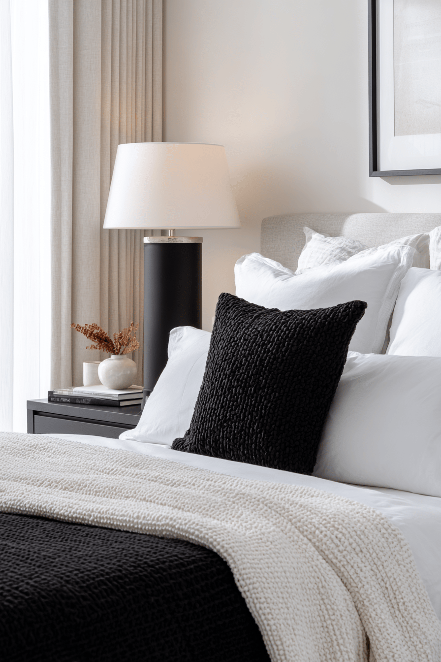 Schwarze Tischlampe auf Nachttisch mit weißem Schirm neben Bett mit schwarz-weißer Bettwäsche