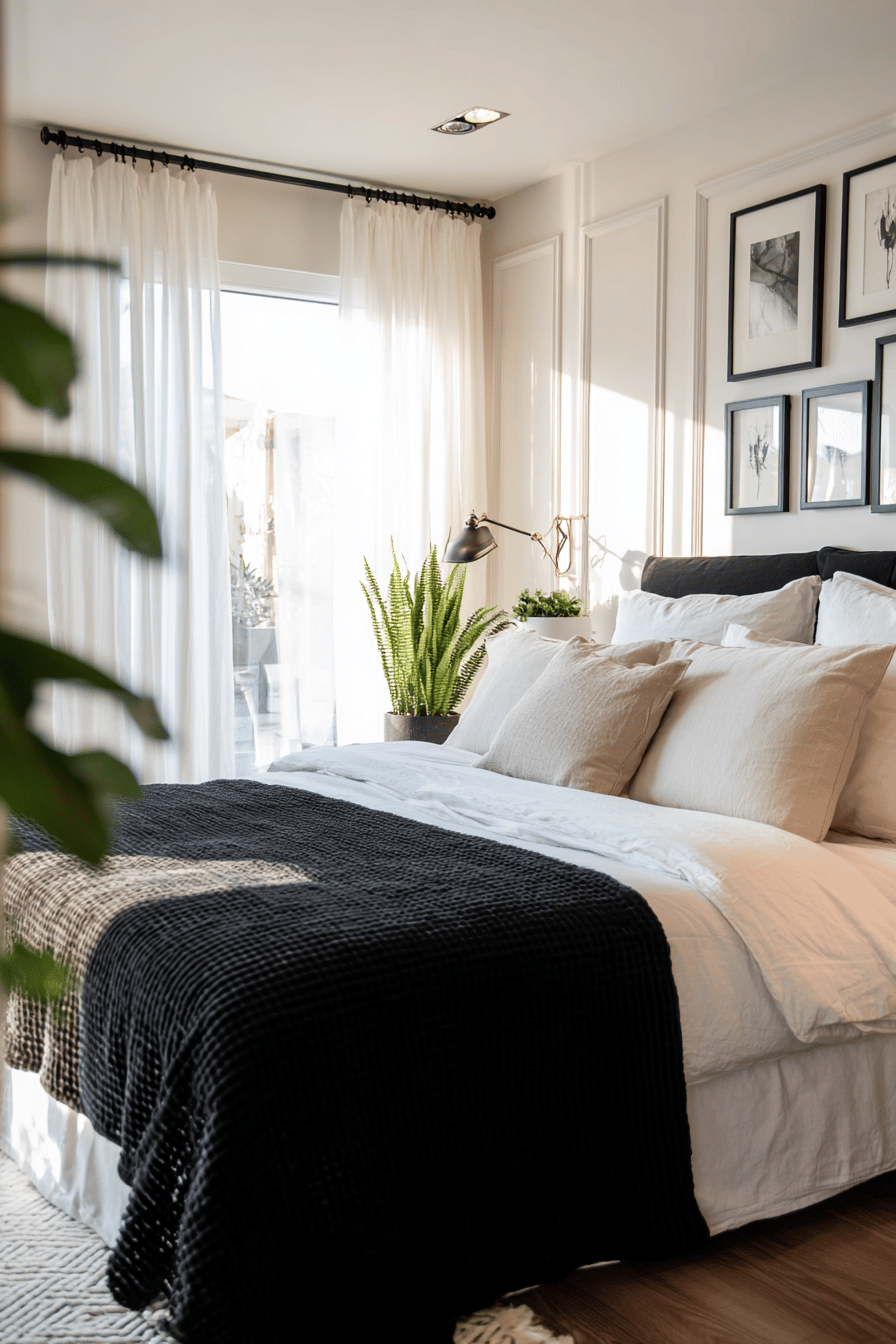 Modern eingerichtetes Schlafzimmer mit schwarzer Tagesdecke und weißen Kissen