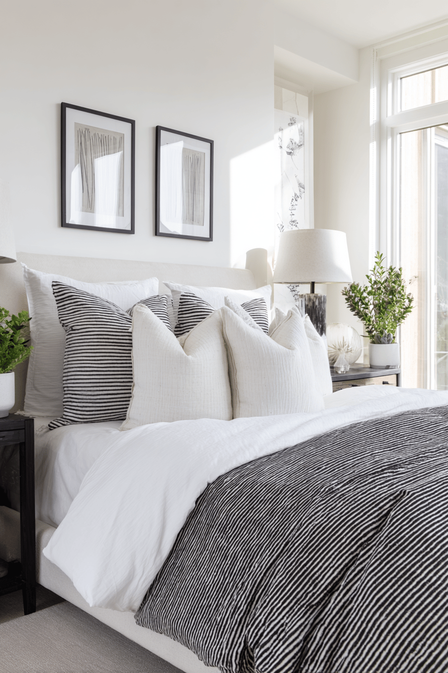 Bett mit schwarz-weißer Streifenbettwäsche und Kissen in einem hellen Schlafzimmer