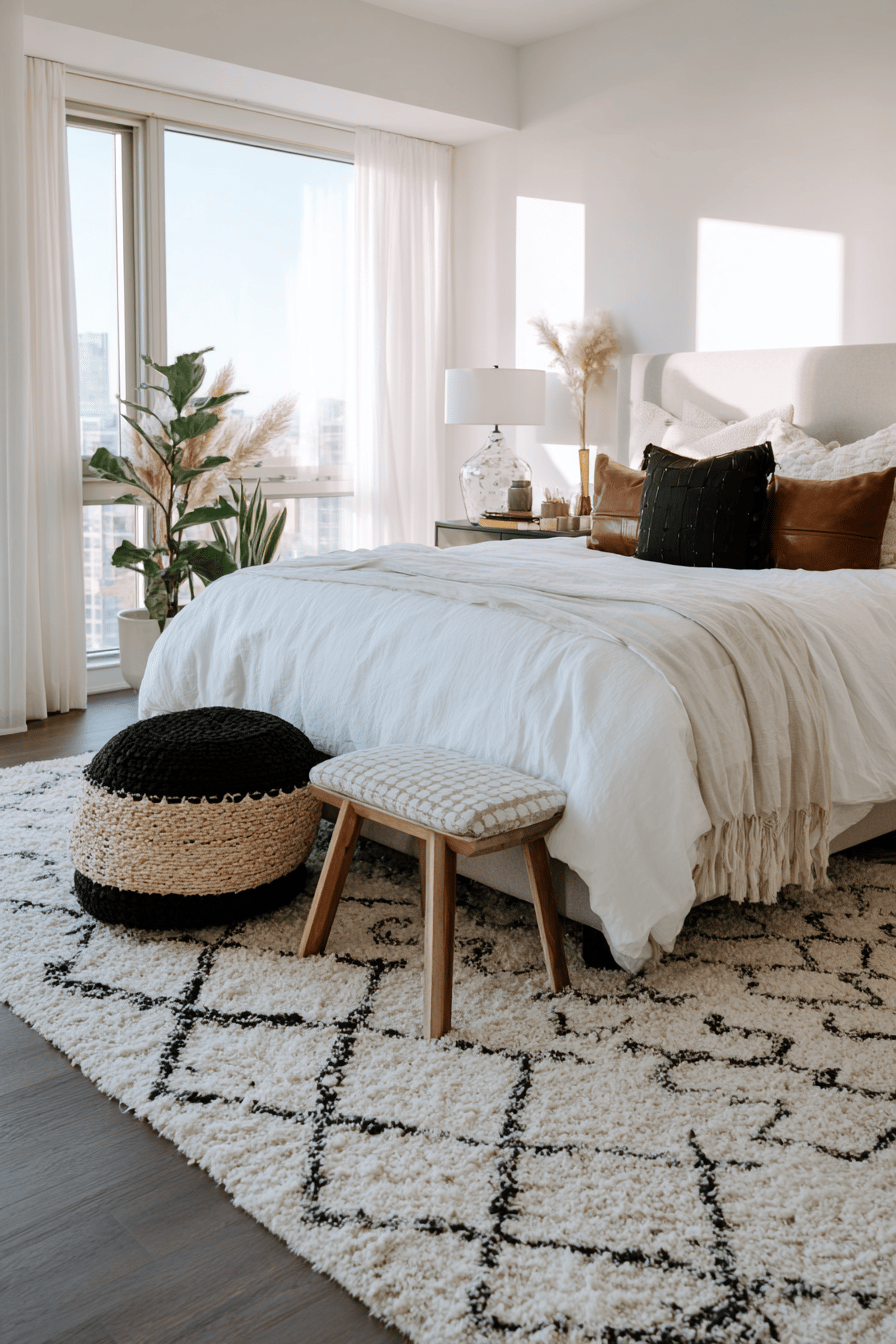 Helles Schlafzimmer mit schwarz-weißem Teppich und natürlicher Dekoration