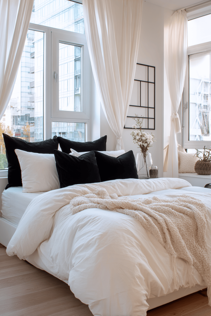 Helles Schlafzimmer mit weißen Vorhängen und Schwarz-Weiß-Details