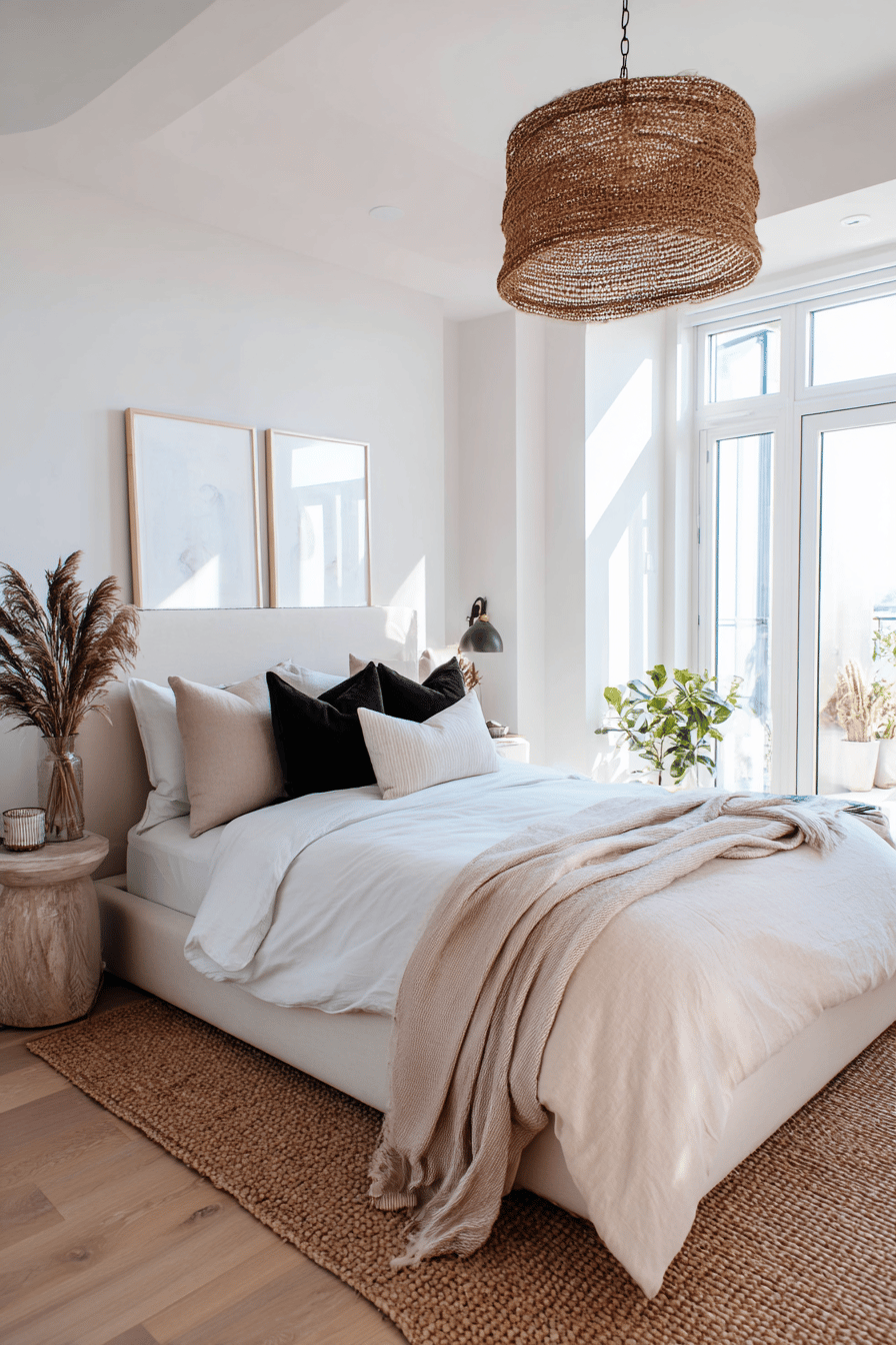 Helles Schlafzimmer mit weißen Wänden, Naturdeko und schwarzem Kissenakzent