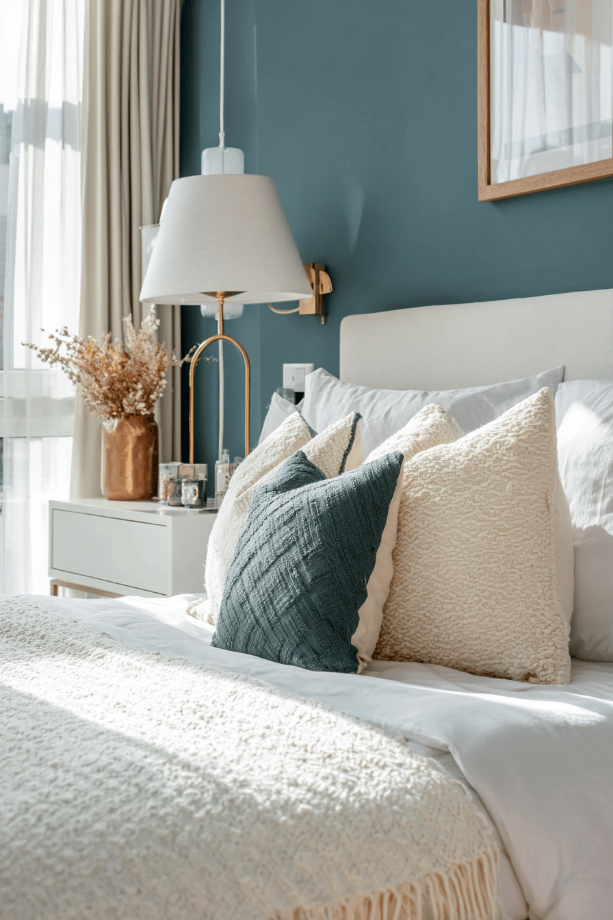 Goldene Schlafzimmerlampe neben einem Bett mit Petrol-Akzenten