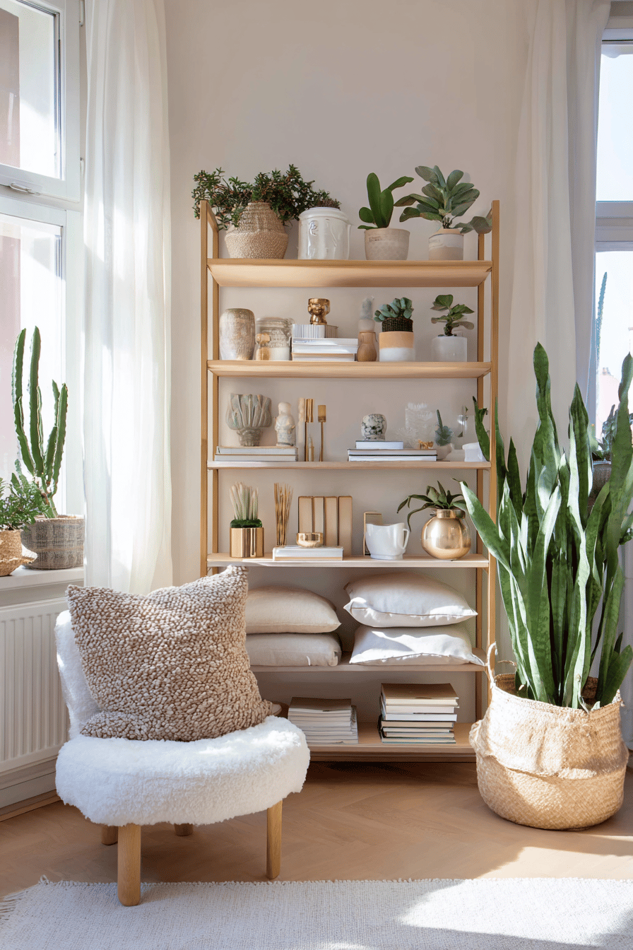 Helles Holzregal mit Deko, Pflanzen und Kissen in skandinavischem Wohnzimmer