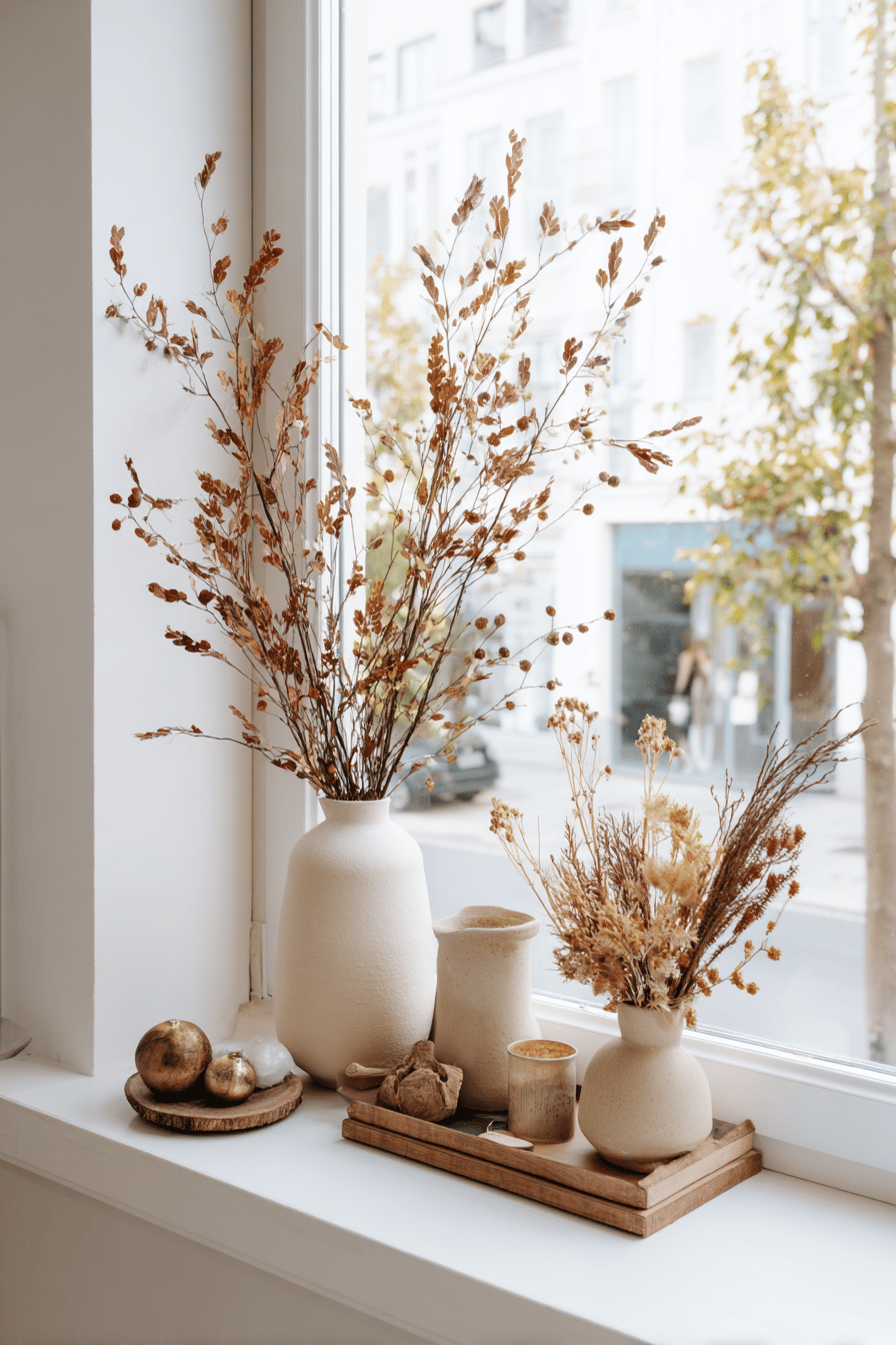 Minimalistische Herbstdeko aus getrockneten Zweigen in Vasen auf einer Fensterbank