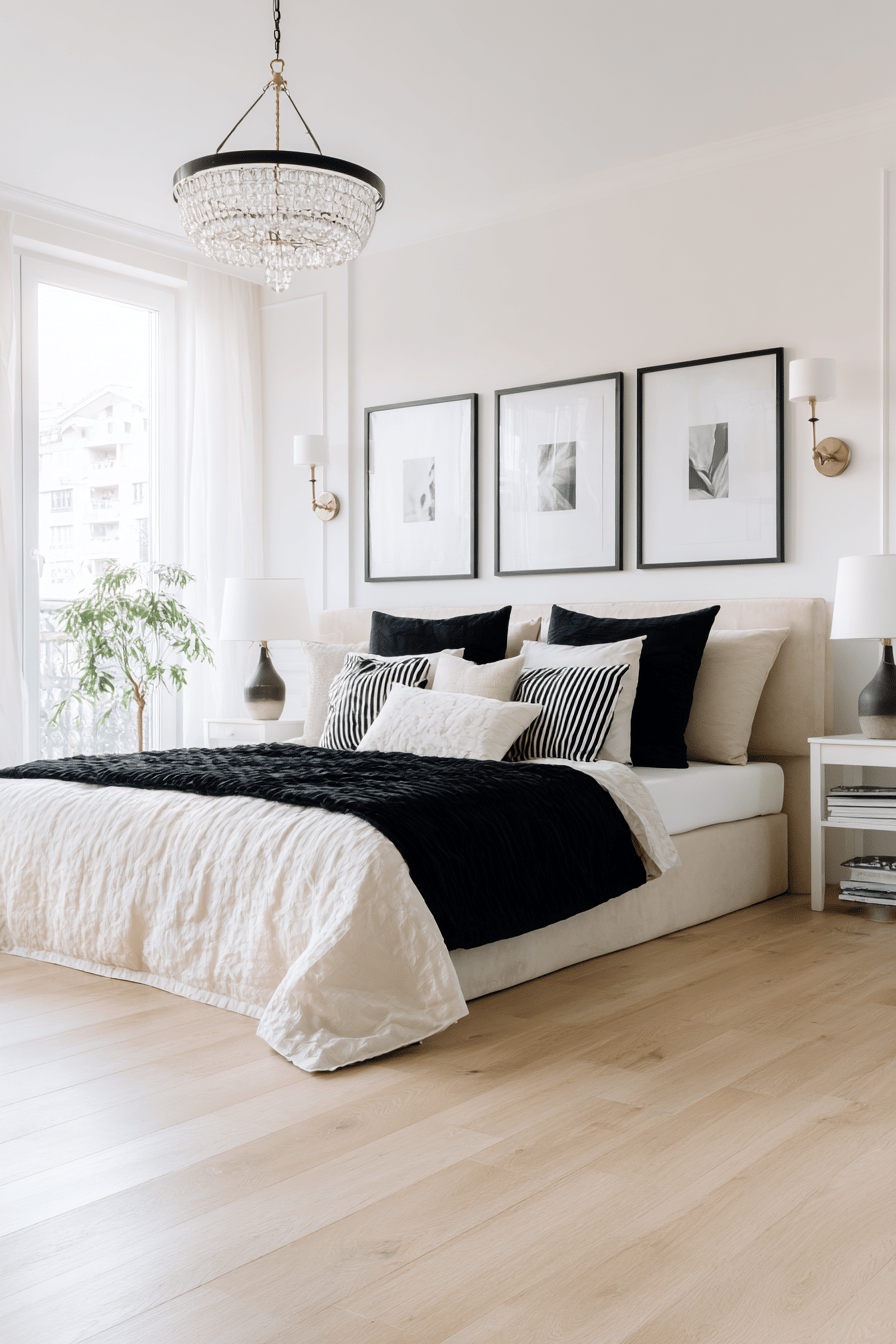 Bett mit schwarz-weißen Kissen in modernem Schlafzimmer