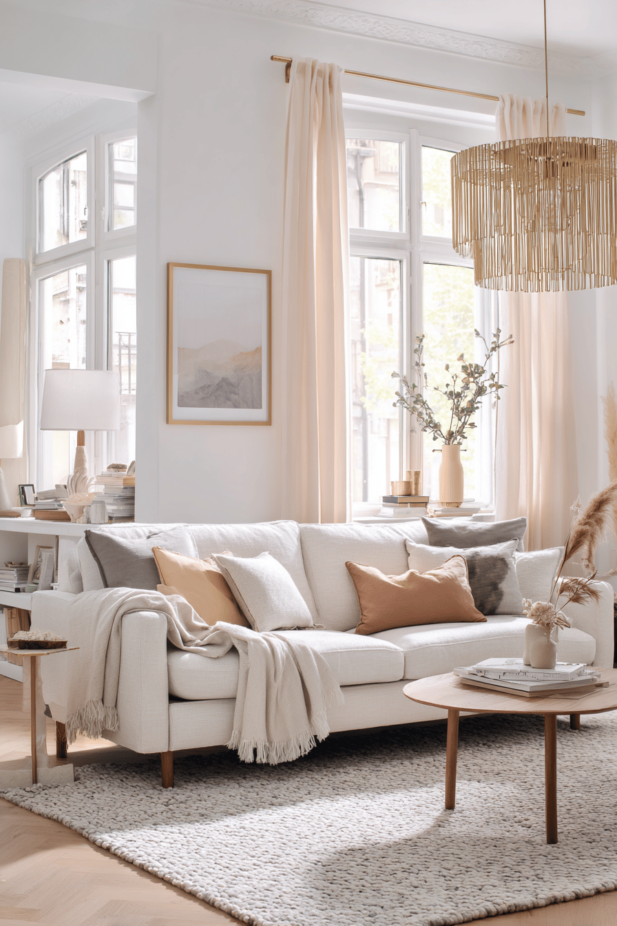 Helles Wohnzimmer mit beigen Akzenten und natürlichen Materialien