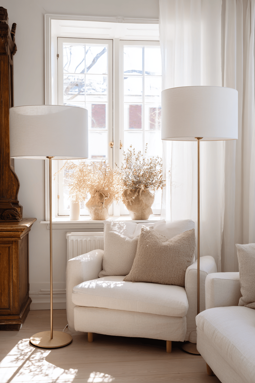 Helles Wohnzimmer mit zwei Stehlampen und beigen Sesseln vor einem Fenster