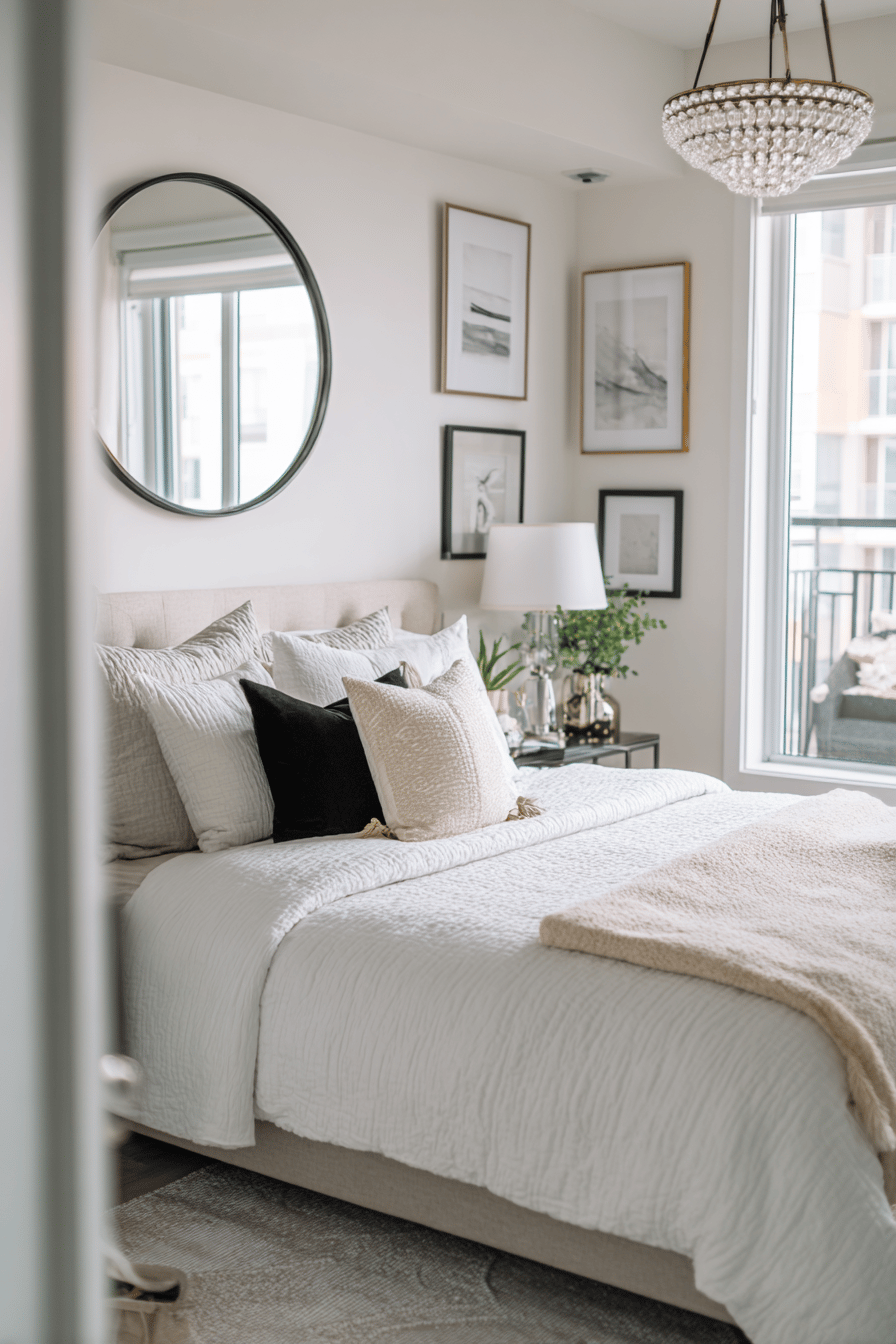 Helles Schlafzimmer mit rundem Wandspiegel und Schwarz-Weiß-Deko