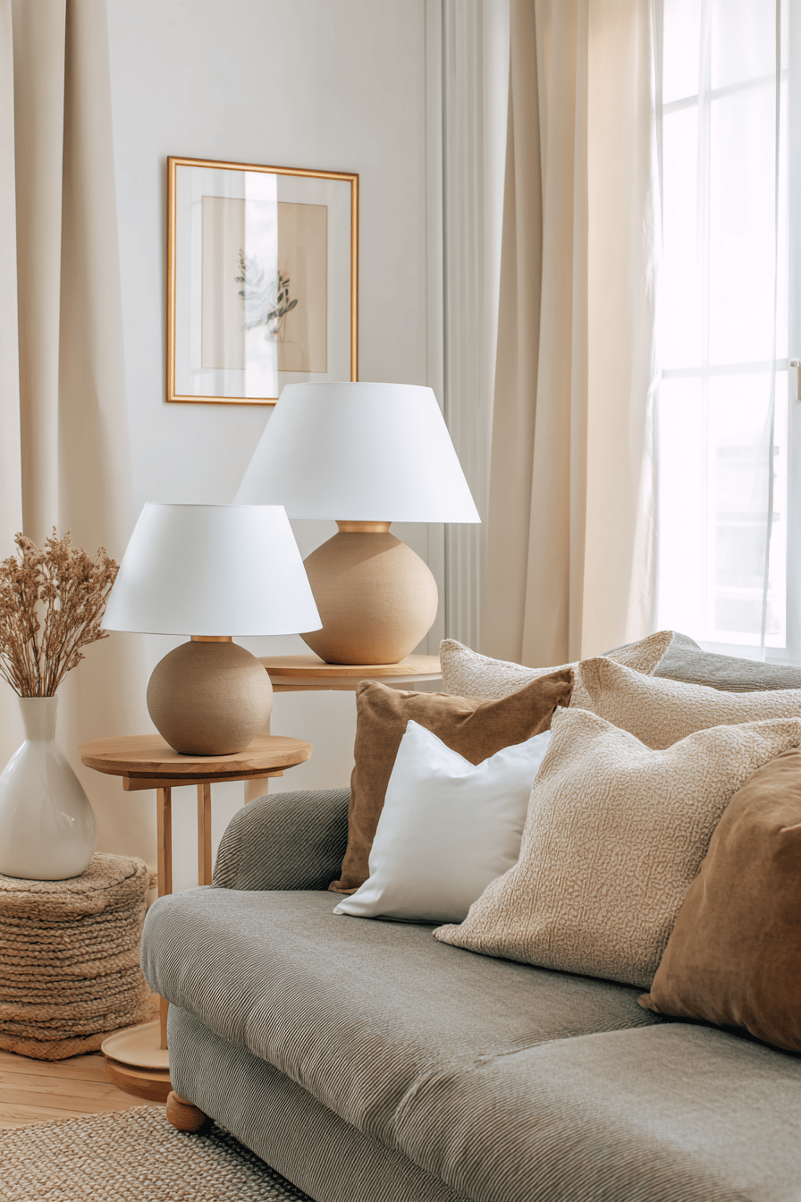 Gemütliches Wohnzimmer mit grauem Sofa, beigen Kissen und stilvollen Tischlampen