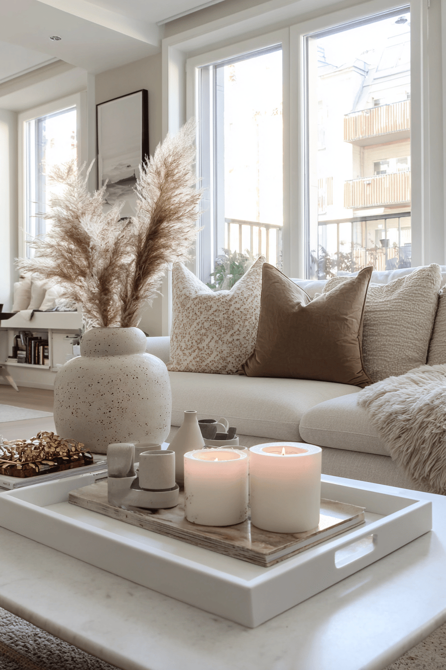 Skandinavisches Wohnzimmer mit weißen Kerzen auf einem Tablett und gemütlichem Sofa