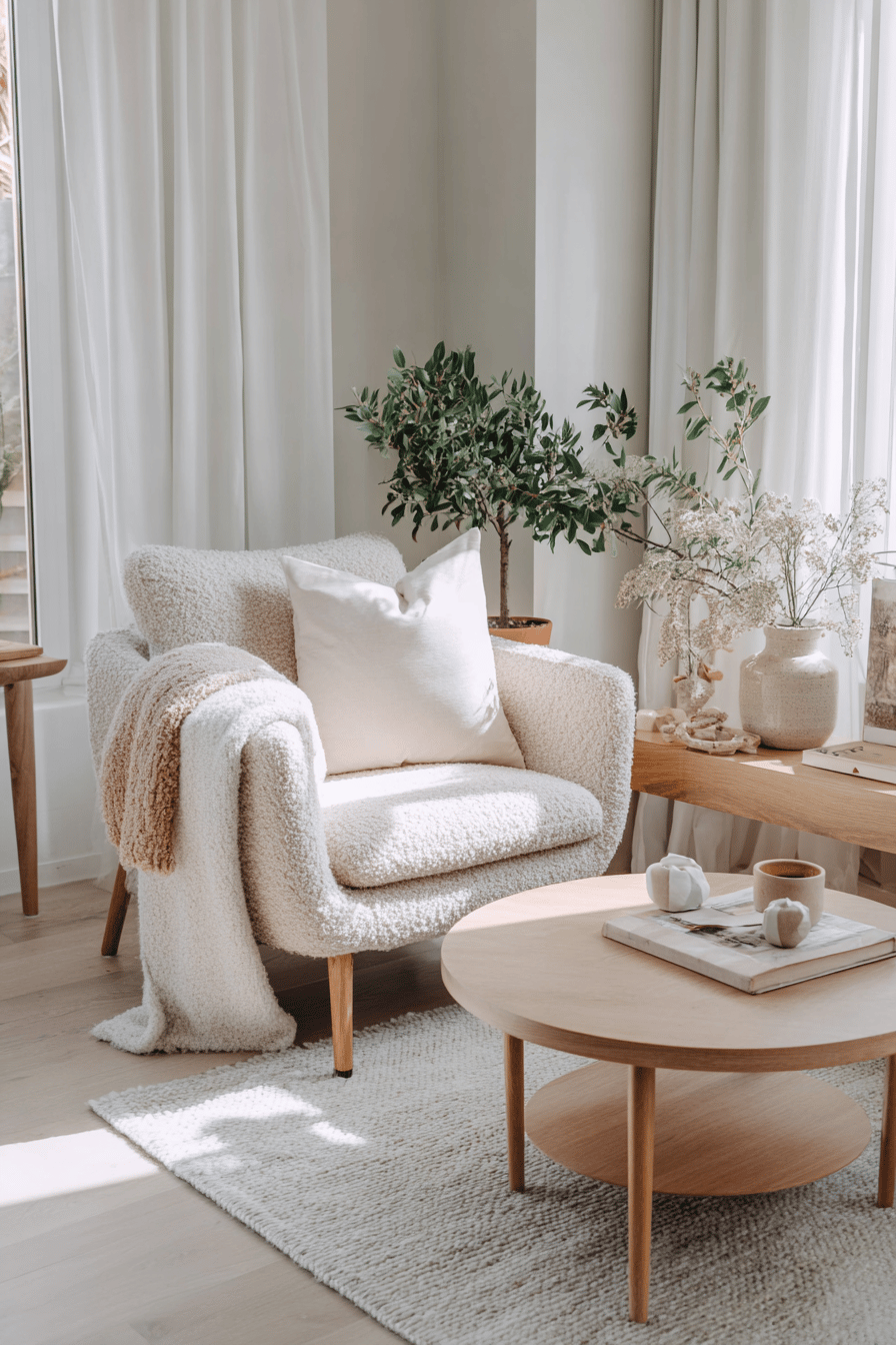 Gemütlicher Bouclé-Sessel in heller, skandinavischer Wohnzimmer-Ecke mit Holz- und Naturdeko