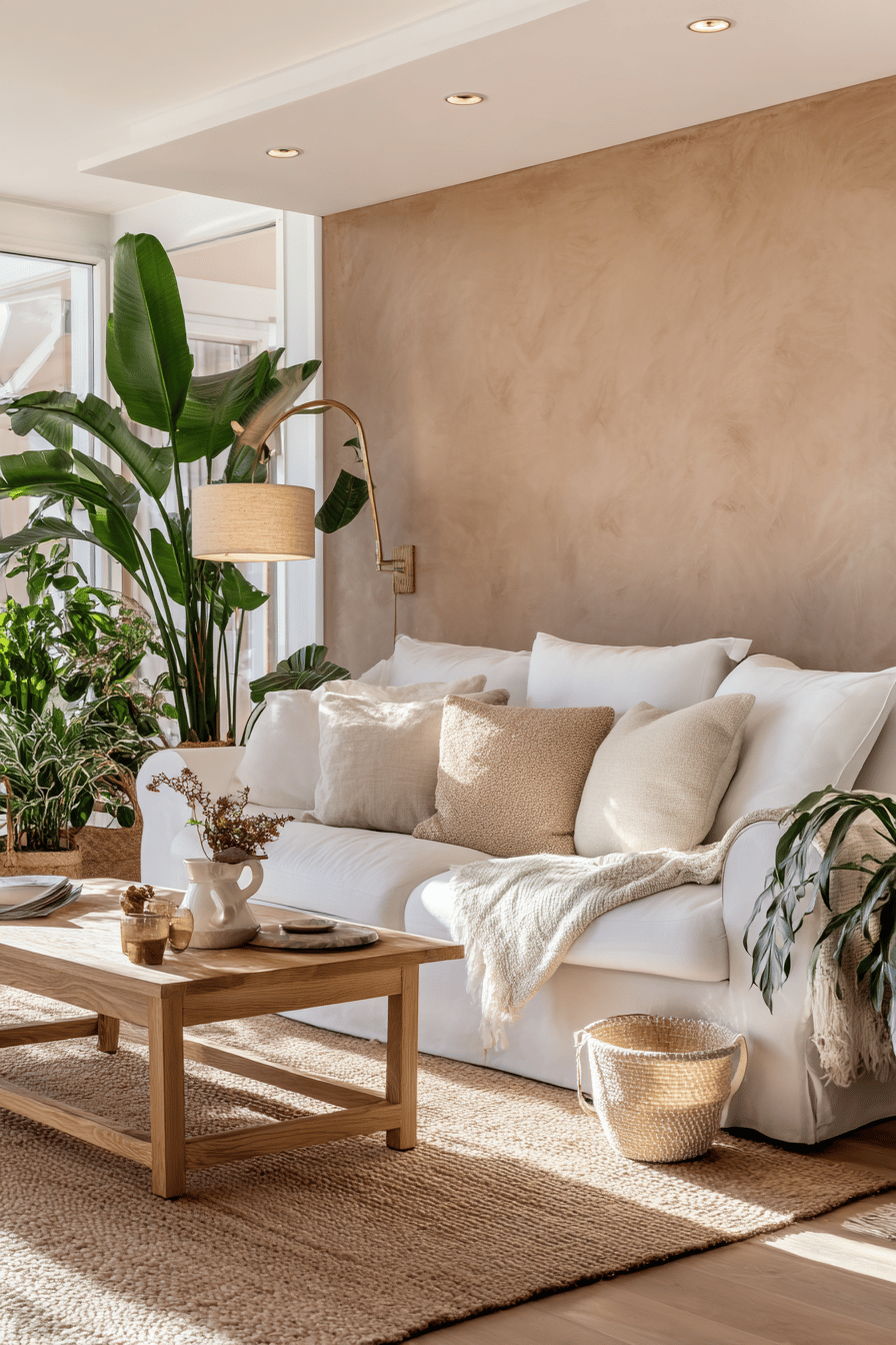 Gemütliches Wohnzimmer mit Terracotta-Wand, weißen Sofa und vielen Pflanzen