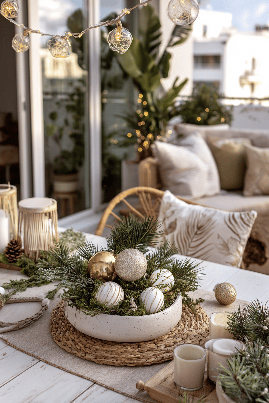 Tischdekoration mit Tannenzweigen, Christbaumkugeln und Kerzen auf winterlich dekorierter Terrasse
