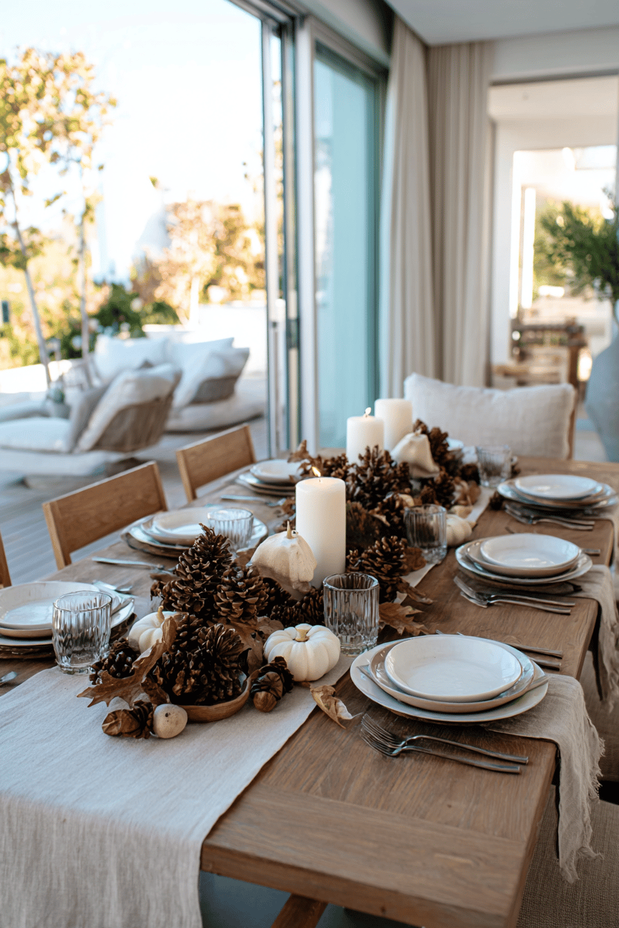 Herbstlich gedeckter Tisch mit Leinentischläufer, Kerzen und Naturdeko