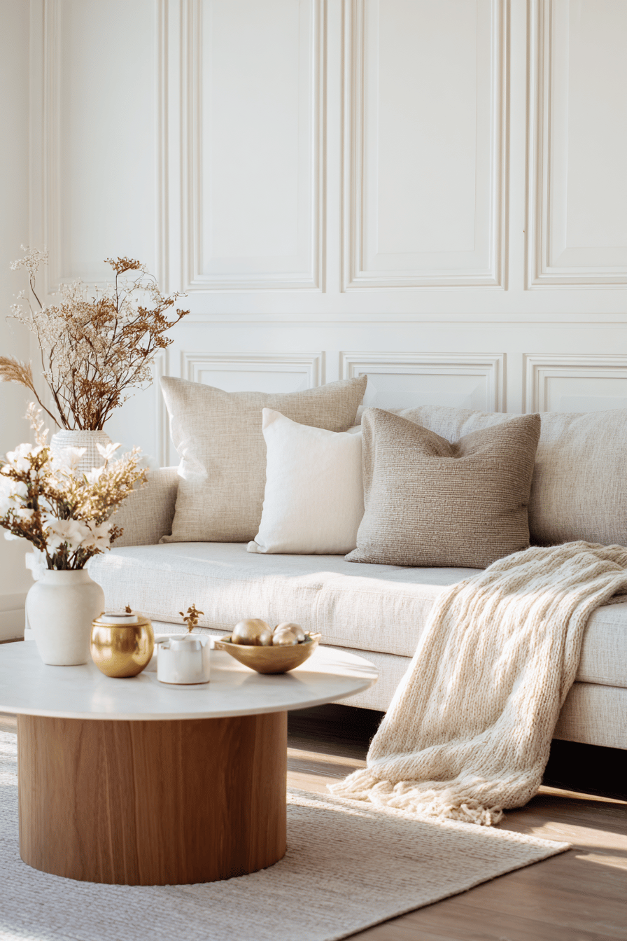 Beiges Sofa mit Kissen, Holztisch und weiß getäfelter Wand