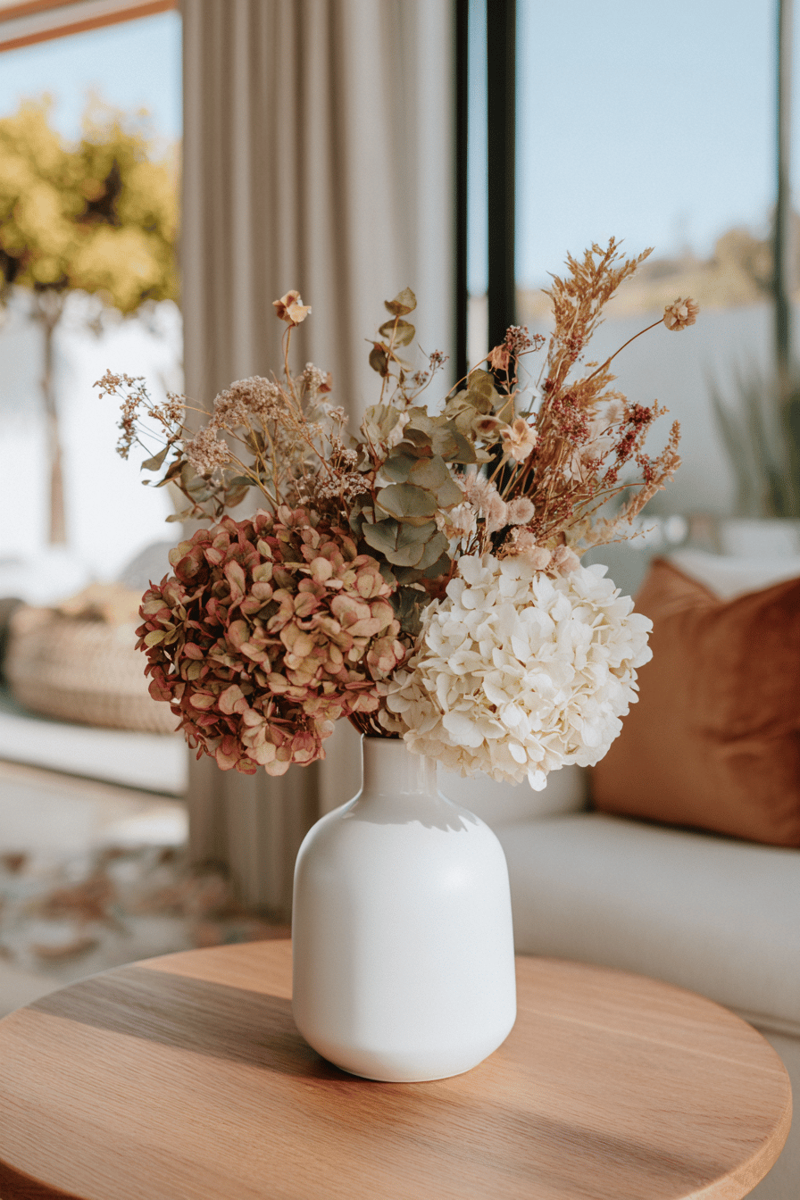 Trockenblumenstrauß mit weißen und rötlichen Hortensien in weißer Vase