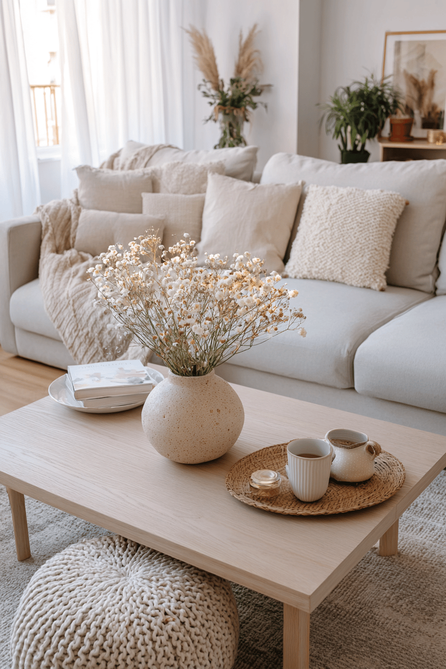 Skandinavisches Wohnzimmer mit beigefarbener Couch, runder Vase mit Trockenblumen und hellem Holztisch