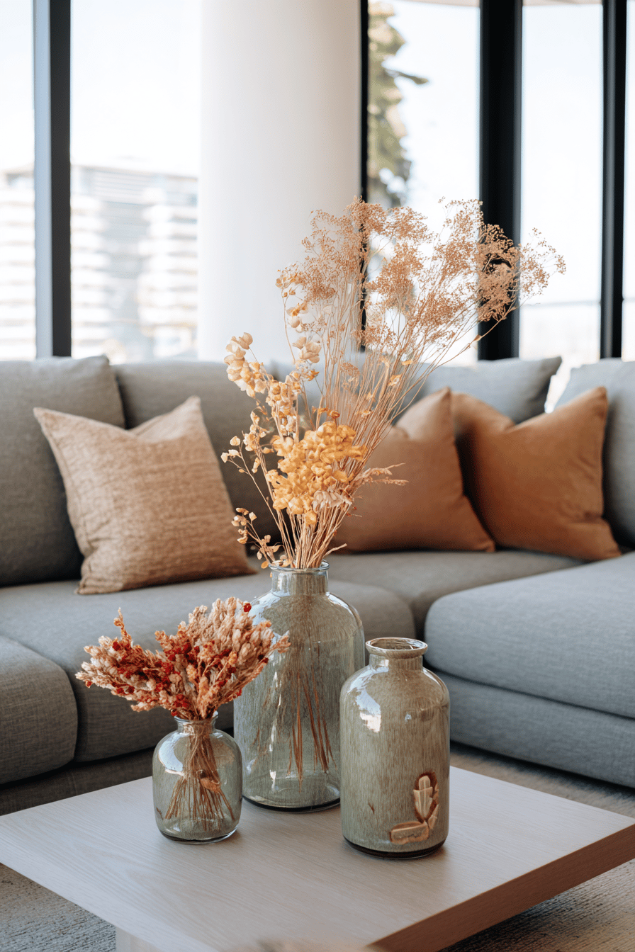 Drei Vasen mit Trockenblumen auf einem Couchtisch vor grauem Sofa mit Kissen