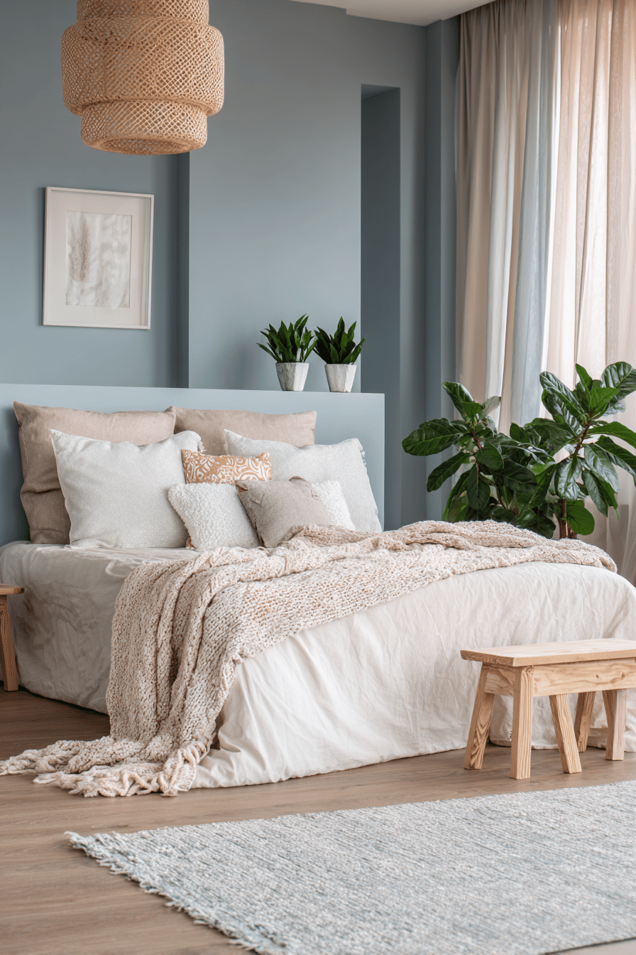 Schlafzimmer mit petrolfarbener Wand hinter dem Bett und neutralen Textilien