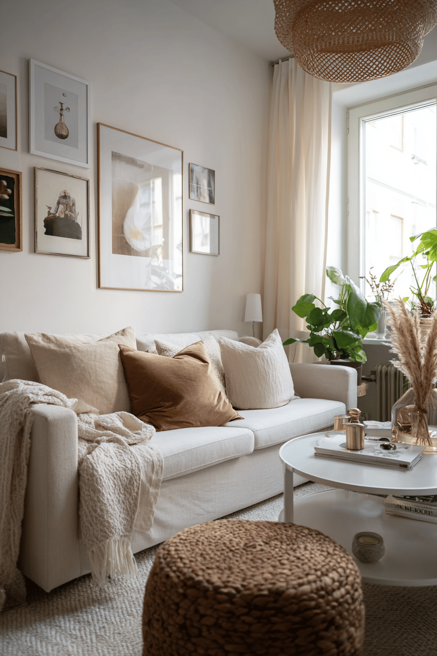 Helles, gemütliches Wohnzimmer mit beiger Wandfarbe, Naturtextilien und Pflanzen