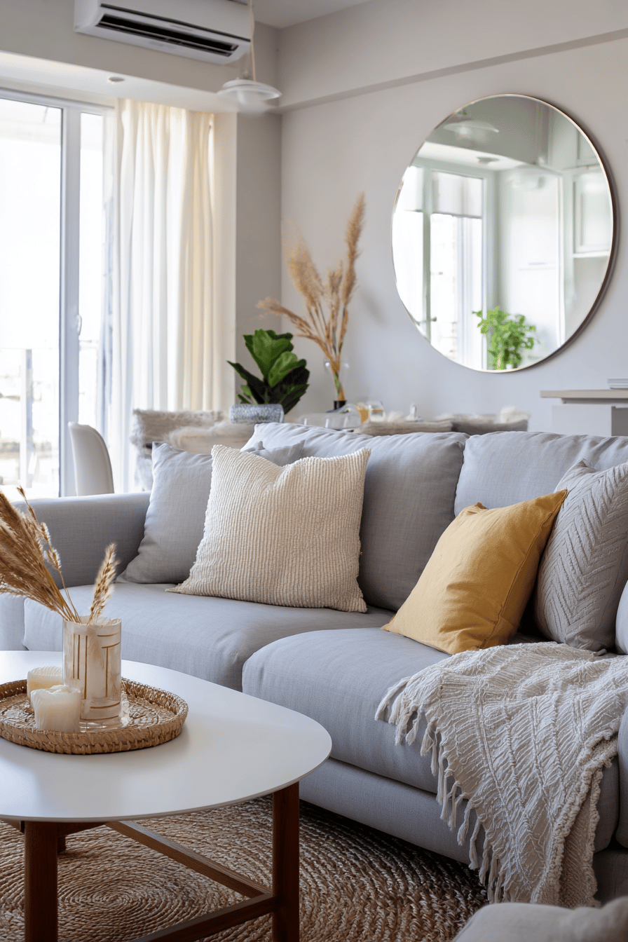 Graues Sofa im Wohnzimmer mit Wandspiegel, Trockenblumen und gemütlicher Deko