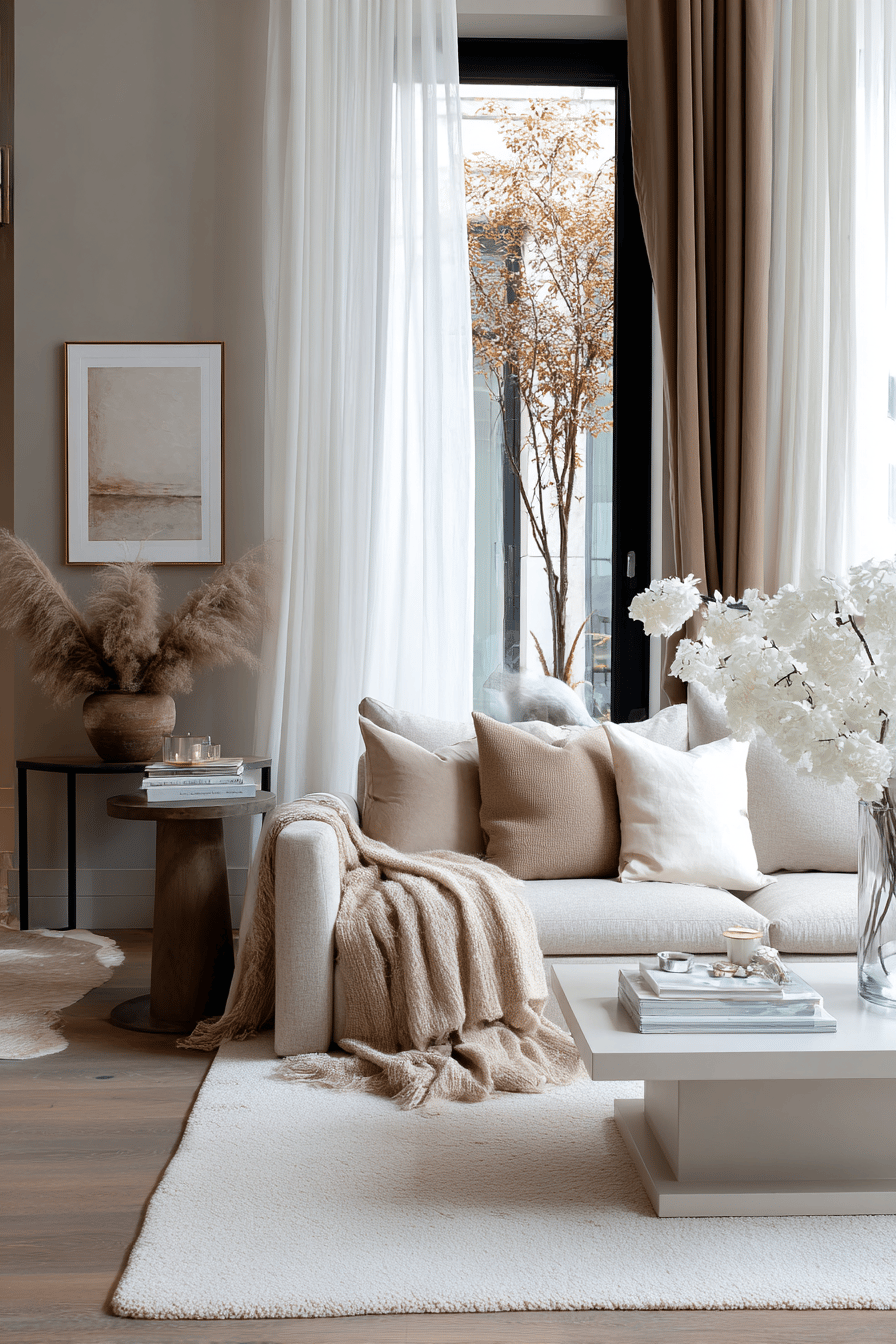 Gemütlich eingerichtetes Wohnzimmer mit warmen Grautönen und beiger Deko