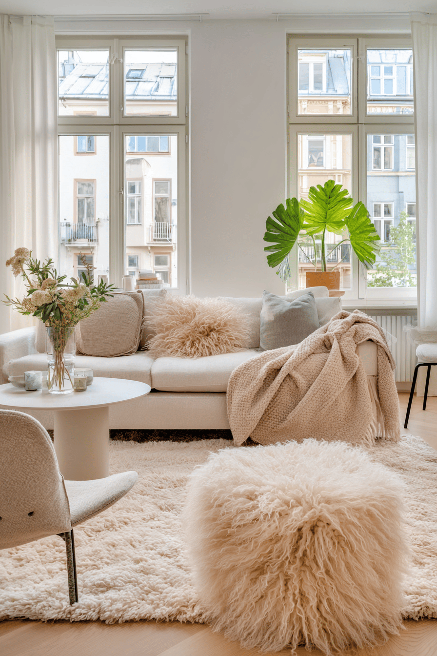 Skandinavisches Wohnzimmer mit flauschigem Teppich und hellen Naturtönen