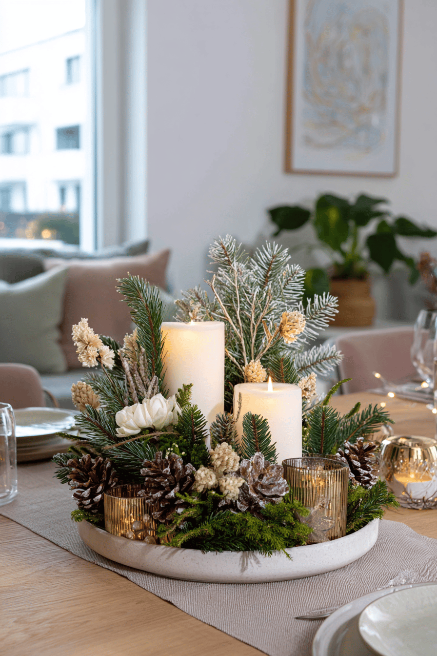 Winterliches Gesteck mit Tannenzweigen, Kerzen und Zapfen auf einem Tisch