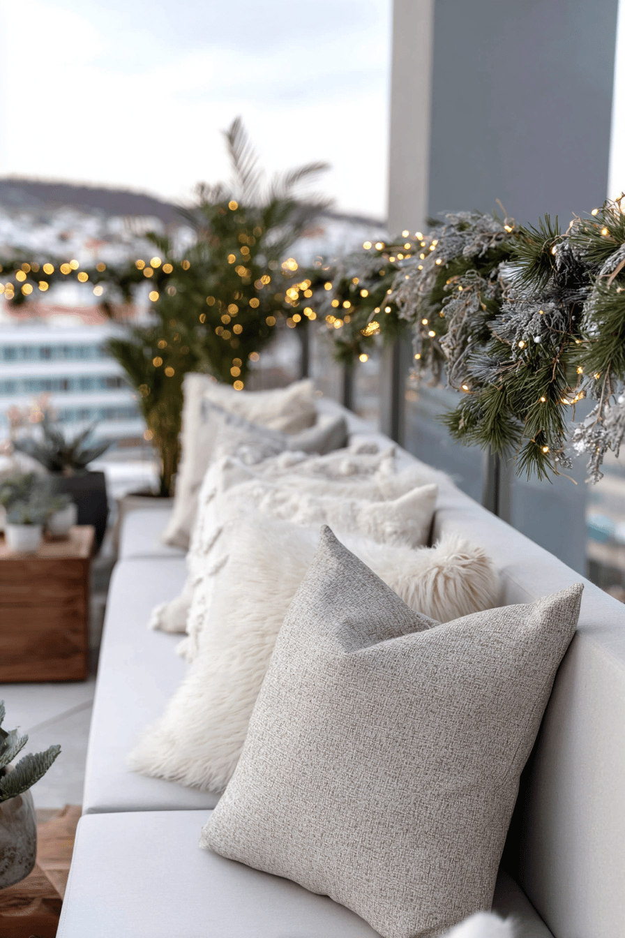 Kuschelige Sitzecke mit winterlich geschmückter Geländer-Girlande und Lichterkette