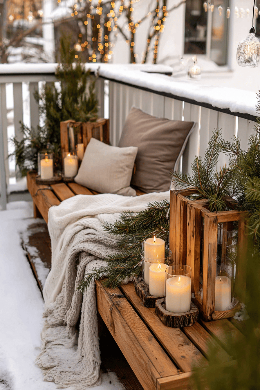 Winterlich dekorierte Terrasse mit Holzkerzenhaltern, Tannengrün und flackernden Kerzen