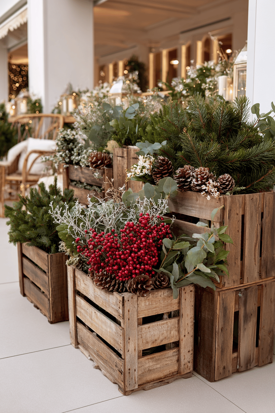 Winterlich dekorierte Holzkisten mit Tannenzweigen, Zapfen und Beeren