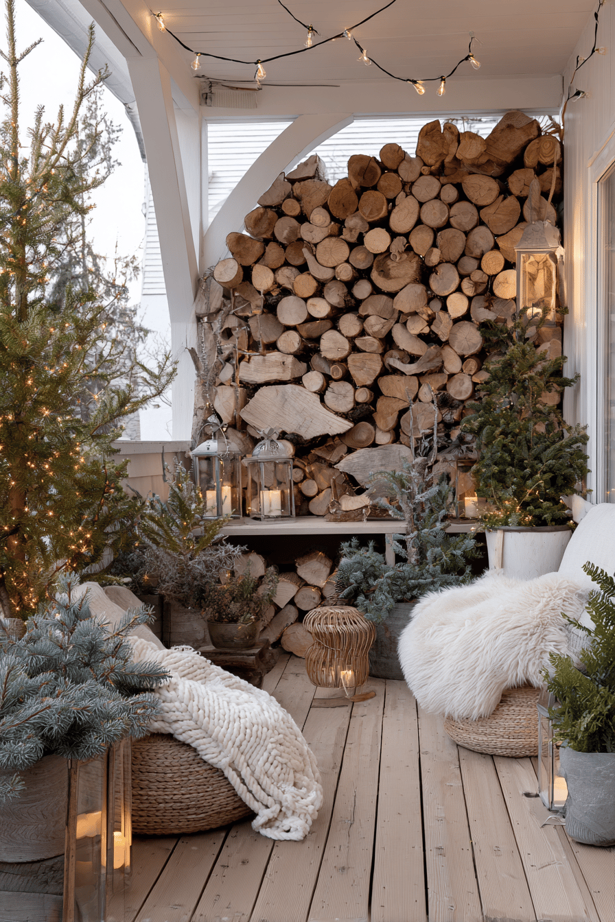 Gemütlich dekorierte Winterterrasse mit Holzscheiten, Tannen und Lichtern