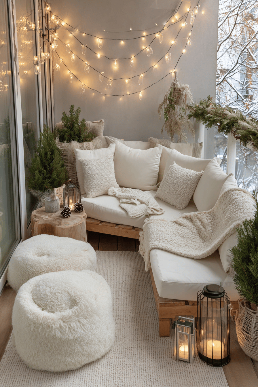 Winterlich dekorierte Terrassenecke mit Lichterketten, Kuscheldecken und Laternen