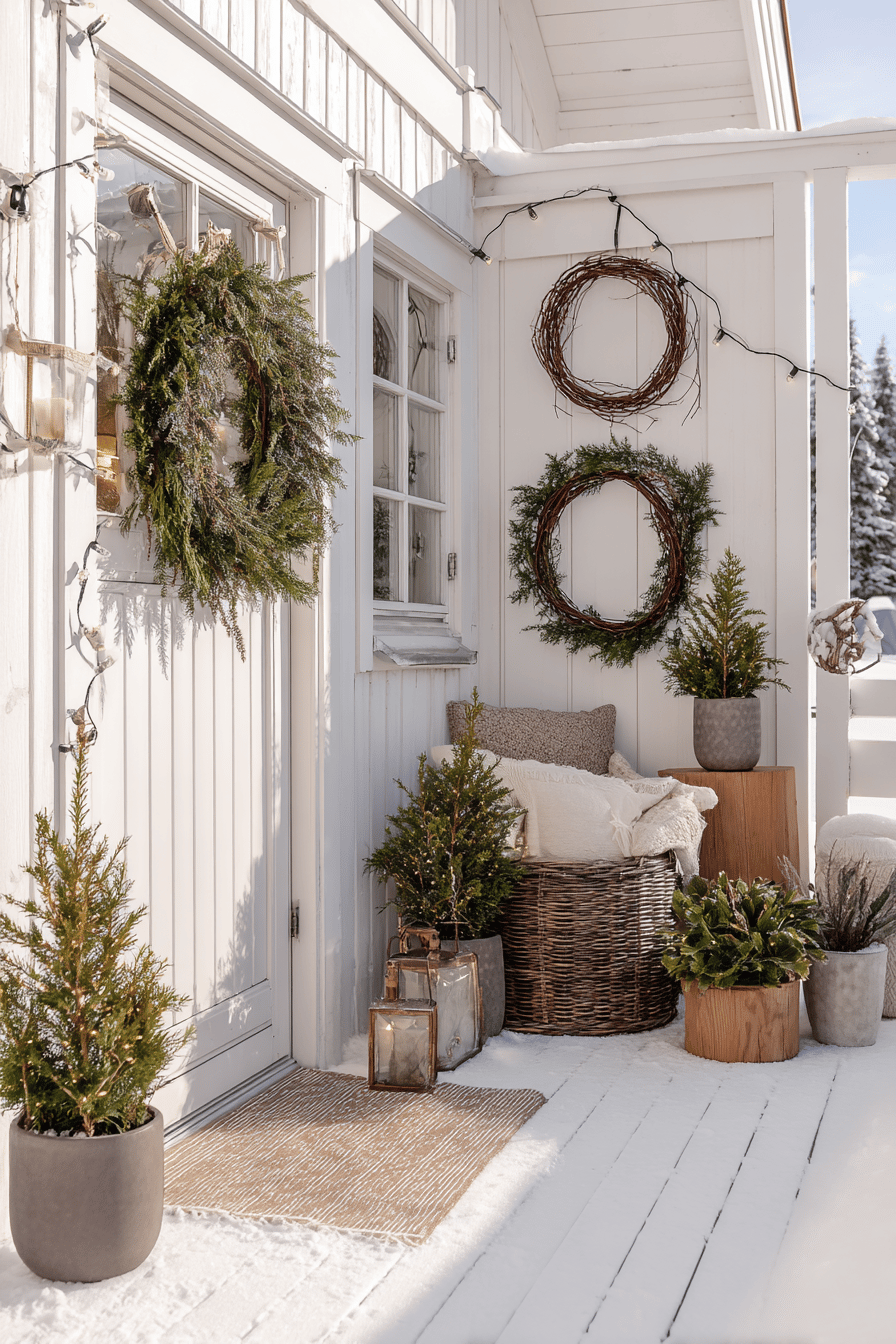 Dekorierte Terrasse mit Winterkränzen an Tür und Wand, umgeben von Tannen und Lichtern