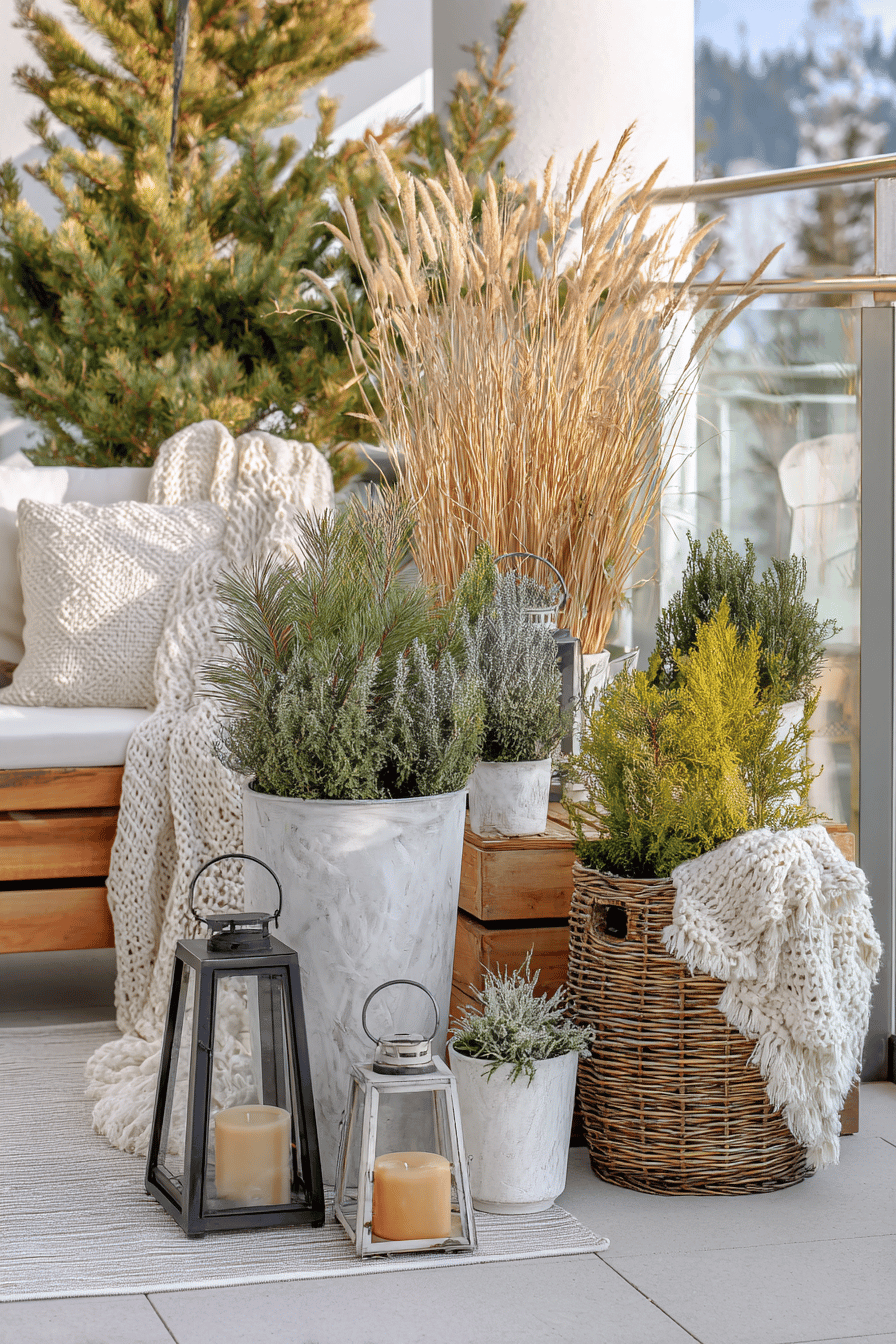 Winterlich dekorierte Terrasse mit immergrünen Kübelpflanzen und Laternen